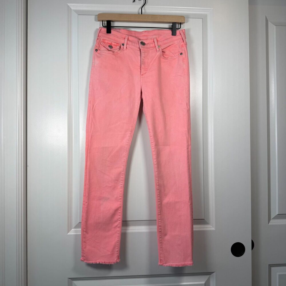 True Religion Cora Crop Straight Jeans Size 27 Pink Coral Mid Rise Frayed Hem
